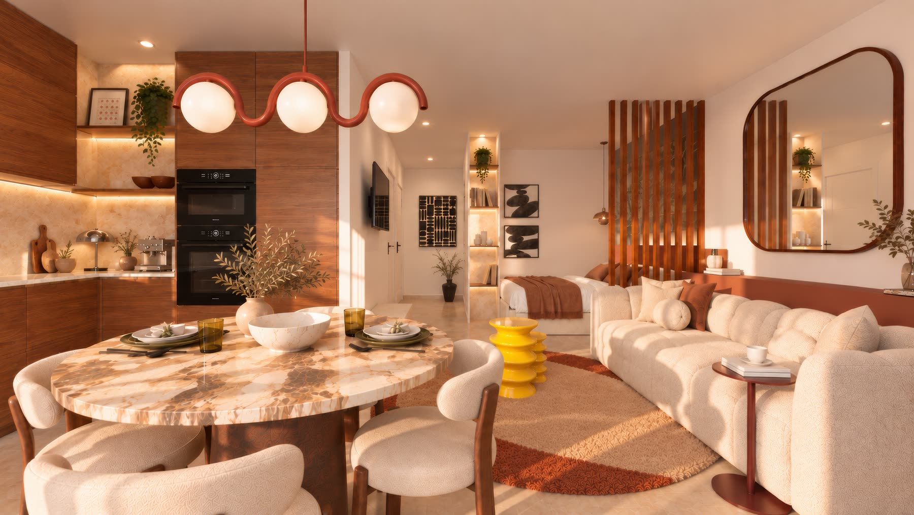 Studio L'Opportun : cuisine noyer, table en marbre, canapé capitonné et coin nuit derrière une claustra